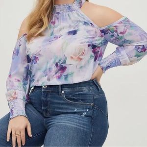 Torrid High Neck Cold Shoulder Blouse Georgette Floral Purple 3 3X 22/24 NWT